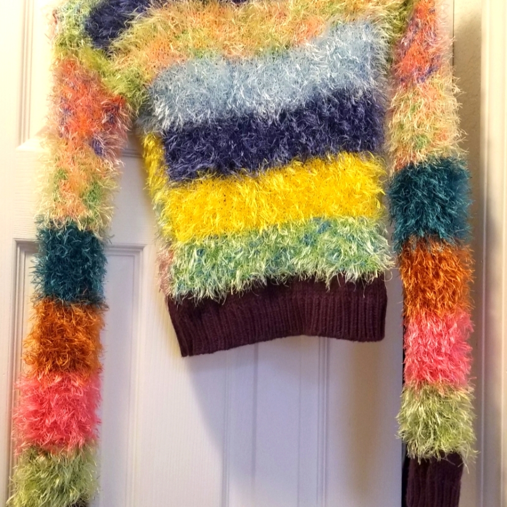 Rare UNIF Furby Furry Dolls Kill Stripe Crop Sweater Katy Perry Punk Rainbow